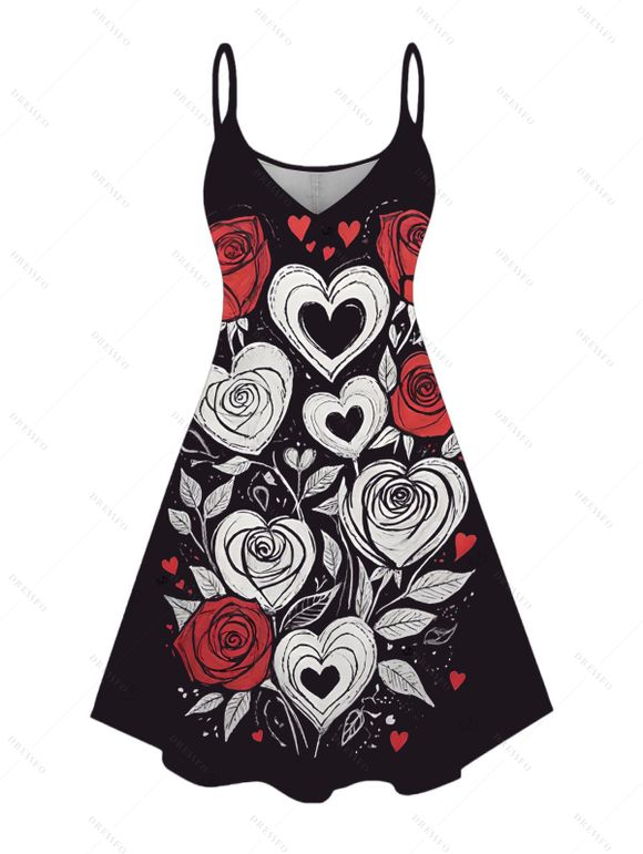 Valentine's Day Couple Outfit Heart Rose Leaf Print Dress and Shirt Set - Noir S | US 4