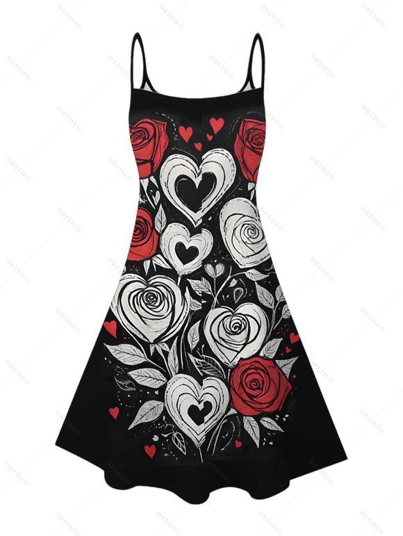 Valentine's Day Couple Outfit Heart Rose Leaf Print Dress and Shirt Set - Noir S | US 4