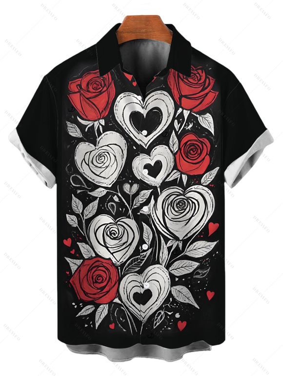 Valentine's Day Couple Outfit Heart Rose Leaf Print Dress and Shirt Set - Noir S | US 4