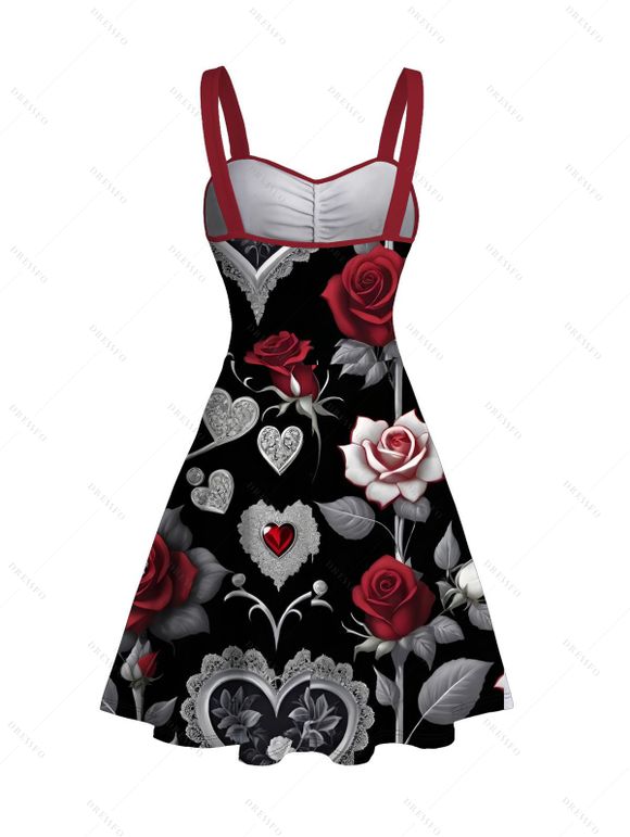 Robe de Saint-Valentin à imprimé rose, feuille et cœur, ceinture froncée - Noir XXXXXL | US 20