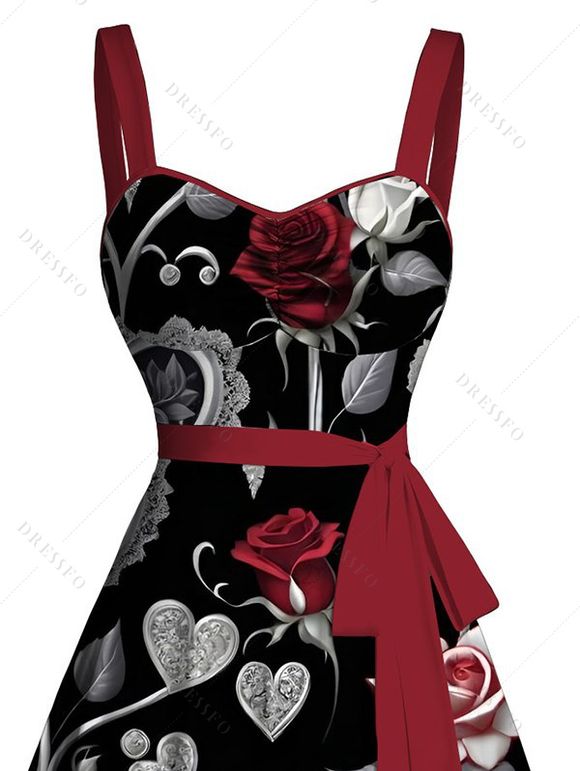 Robe de Saint-Valentin à imprimé rose, feuille et cœur, ceinture froncée - Noir XXXXXL | US 20