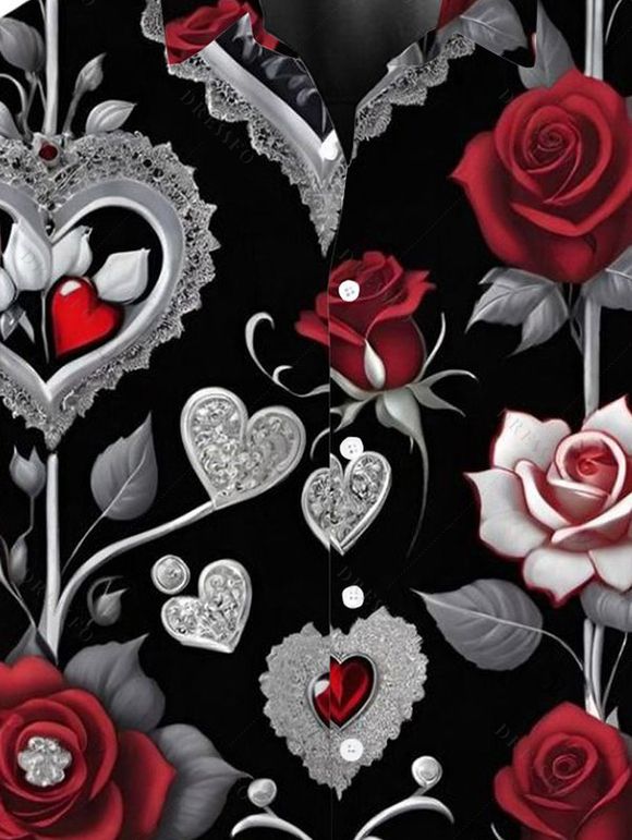 Chemise gothique boutonnée à imprimé cœur et feuille de rose pour homme, idéale pour la Saint-Valentin. - Noir 5XL