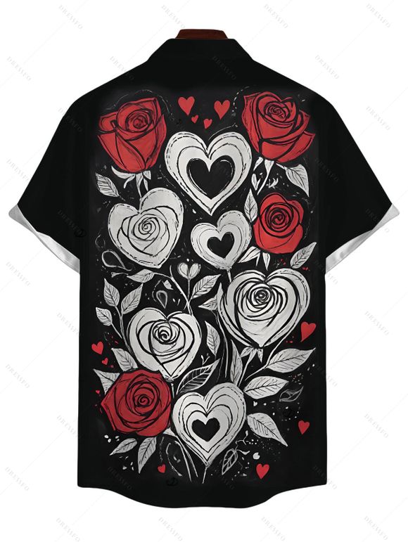 Chemise homme pour la Saint-Valentin, imprimé cœur, rose et feuille, boutonnée - Noir 5XL