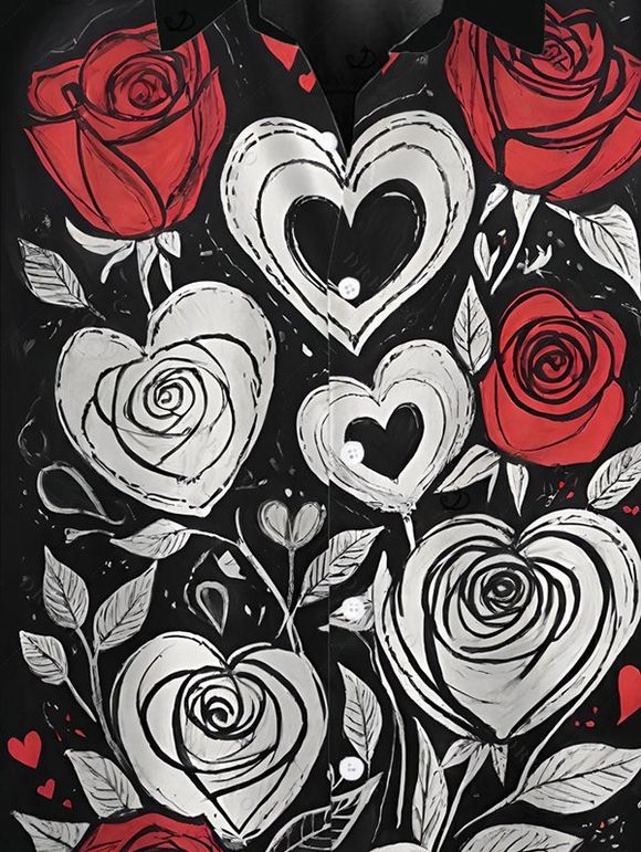 Chemise homme pour la Saint-Valentin, imprimé cœur, rose et feuille, boutonnée - Noir 5XL