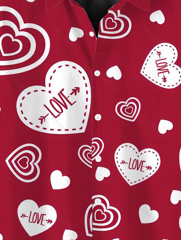 Chemise homme Saint-Valentin, imprimé cœur LOVE, boutonnée - Rouge 5XL