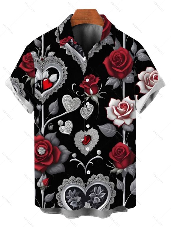 Valentine's Day Couple Outfit Rose Leaf Heart Print Belt Dress and Shirt Set - Noir S | US 4