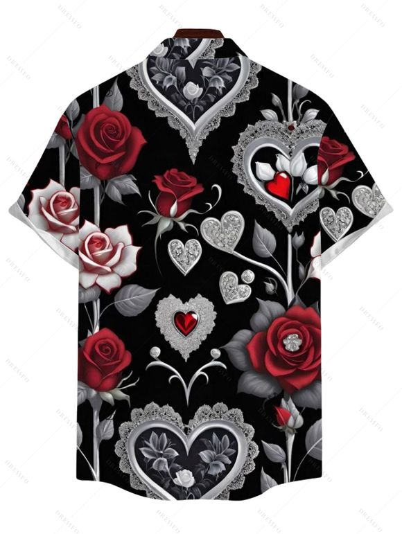 Valentine's Day Couple Outfit Rose Leaf Heart Print Belt Dress and Shirt Set - Noir S | US 4