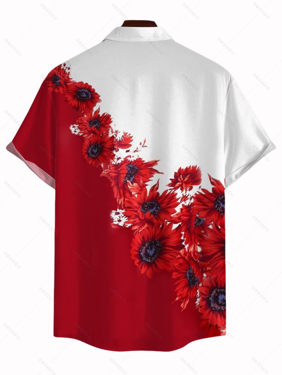 Chemise de vacances pour homme, chemise boutonnée à imprimé tournesol contrasté - Rouge XL