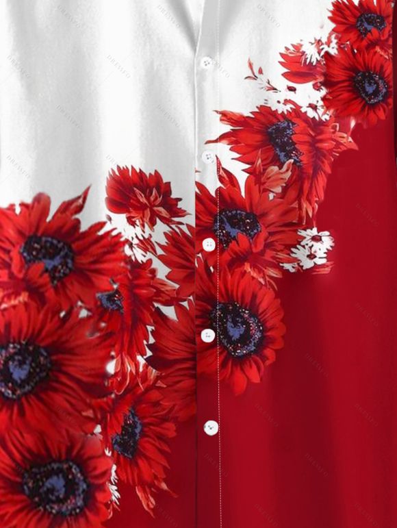 Chemise de vacances pour homme, chemise boutonnée à imprimé tournesol contrasté - Rouge XL