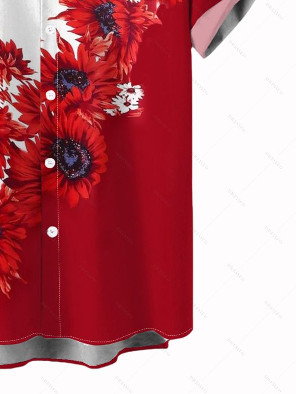 Chemise de vacances pour homme, chemise boutonnée à imprimé tournesol contrasté - Rouge XL
