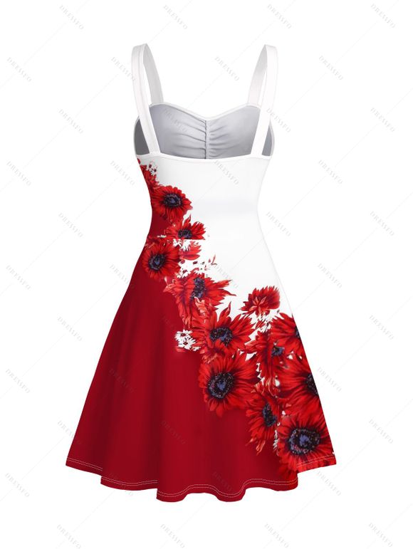 Robe de vacances mini froncée à imprimé tournesol bicolore contrasté - Rouge M | US 6