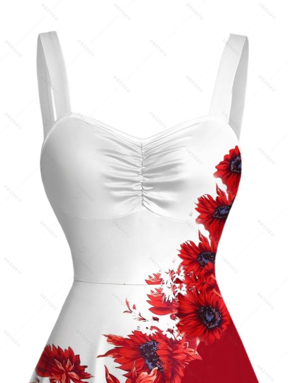 Robe de vacances mini froncée à imprimé tournesol bicolore contrasté - Rouge M | US 6