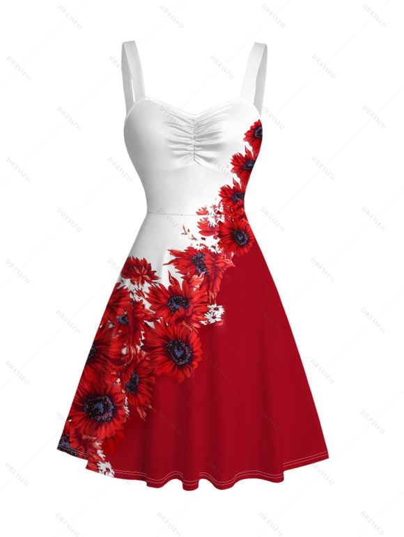 Vacation Couple Outfit Contrast Color Sunflower Print Ruched Dress and Shirt Set - Rouge S | US 4