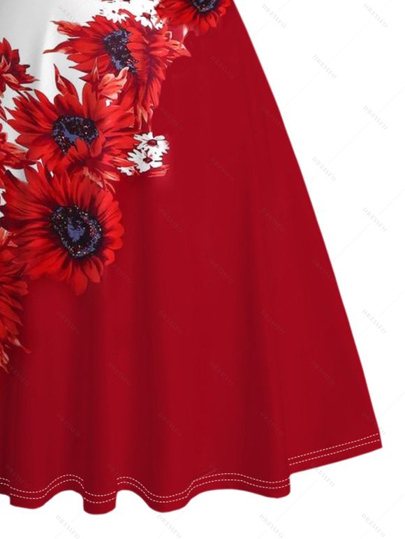 Vacation Couple Outfit Contrast Color Sunflower Print Ruched Dress and Shirt Set - Rouge S | US 4
