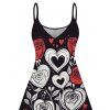 Robe de Saint-Valentin à imprimé cœur, rose et feuilles, bretelles spaghetti - Noir XXXXXL | US 20