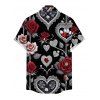 Chemise gothique boutonnée à imprimé cœur et feuille de rose pour homme, idéale pour la Saint-Valentin. - Noir 5XL