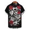 Chemise homme pour la Saint-Valentin, imprimé cœur, rose et feuille, boutonnée - Noir 5XL