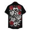 Chemise homme pour la Saint-Valentin, imprimé cœur, rose et feuille, boutonnée - Noir 5XL