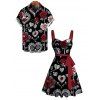Valentine's Day Couple Outfit Rose Leaf Heart Print Belt Dress and Shirt Set - Noir S | US 4