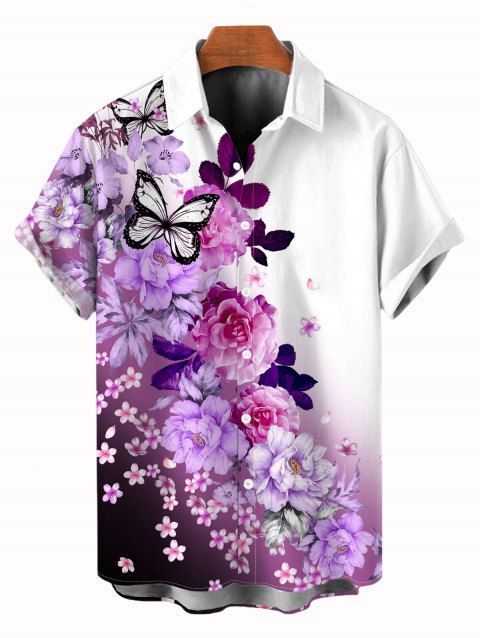 Chemise de vacances pour homme, imprimé papillons et fleurs ombrés, boutonnée