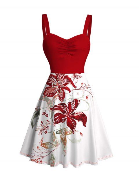 Robe de vacances à motif de fleurs et de feuilles, robe froncée colorblock