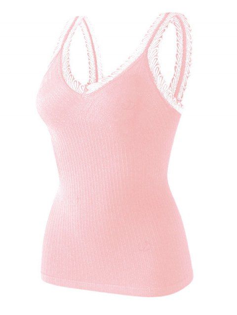 Débardeur en maille à col V et empiècement en dentelle festonnée côtelée