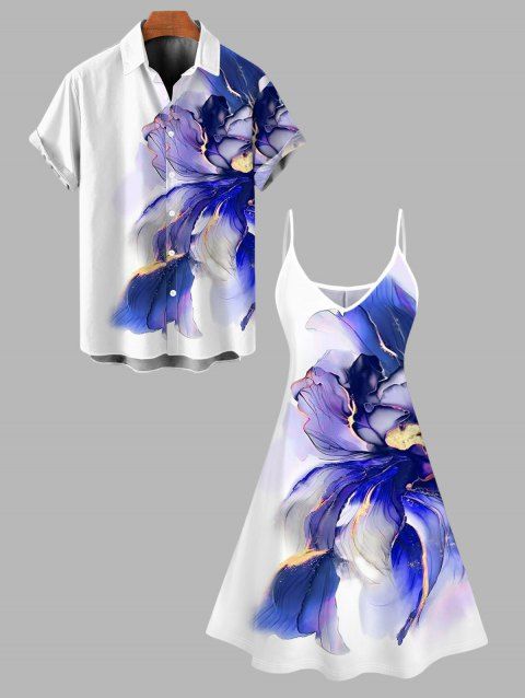 Vacation Couple Outfit Ombre Flower Print Spaghetti Strap Dress and Shirt Set