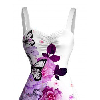 Vacation Dress Ombre Flower Butterfly Print Ruched Dress