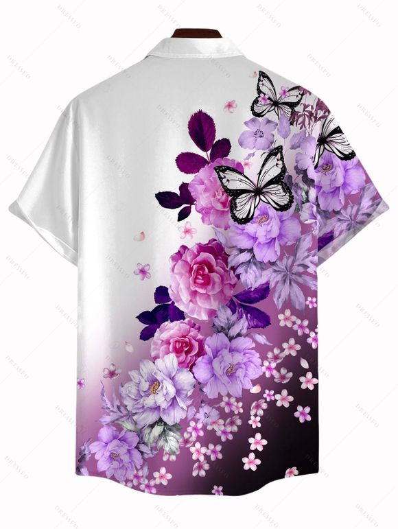 Chemise de vacances pour homme, imprimé papillons et fleurs ombrés, boutonnée - Pourpre 5XL