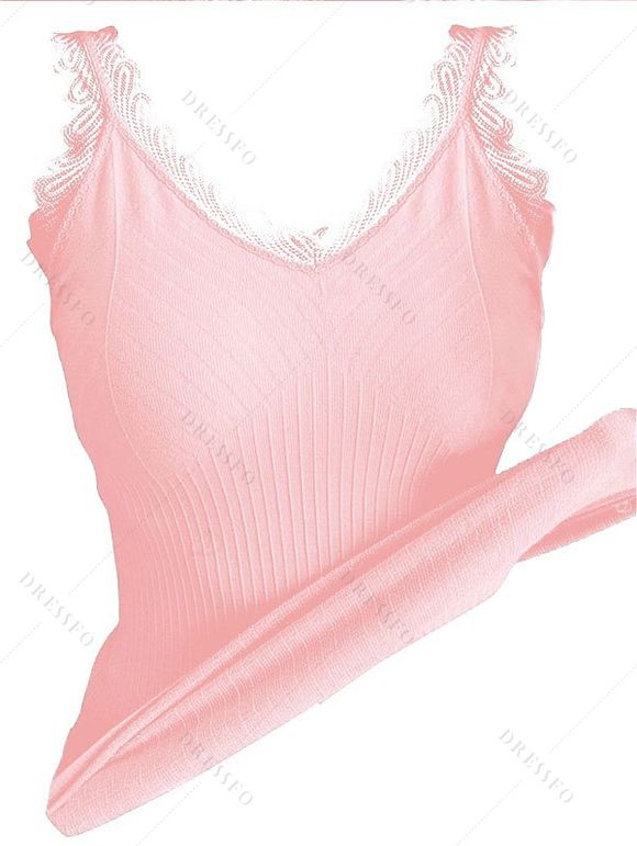 Débardeur en maille à col V et empiècement en dentelle festonnée côtelée - Rose clair ONE SIZE