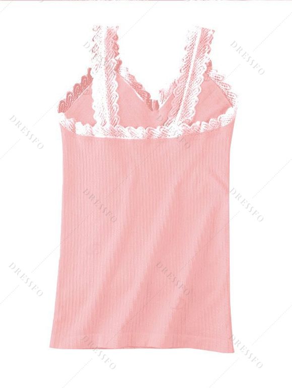 Débardeur en maille à col V et empiècement en dentelle festonnée côtelée - Rose clair ONE SIZE