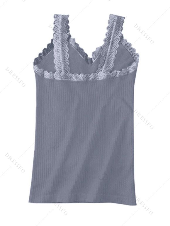 Débardeur en maille à col V et empiècement en dentelle festonnée côtelée - Gris ONE SIZE