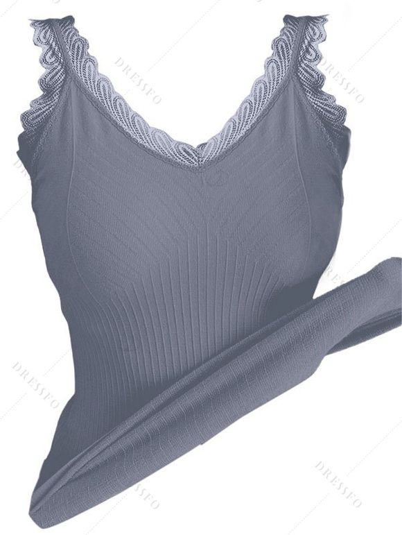 Débardeur en maille à col V et empiècement en dentelle festonnée côtelée - Gris ONE SIZE