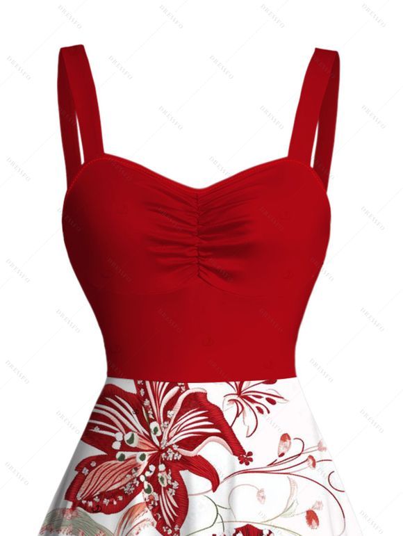 Robe de vacances à motif de fleurs et de feuilles, robe froncée colorblock - Rouge Vineux S | US 4