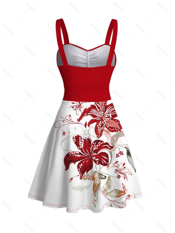 Vacation Couple Outfit Flower Leaf Pattern Colorblock Ruched Dress and Shirt Set - Rouge Vineux S | US 4