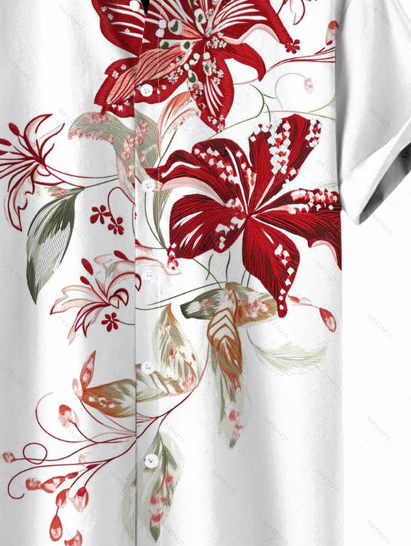 Vacation Couple Outfit Flower Leaf Pattern Colorblock Ruched Dress and Shirt Set - Rouge Vineux S | US 4