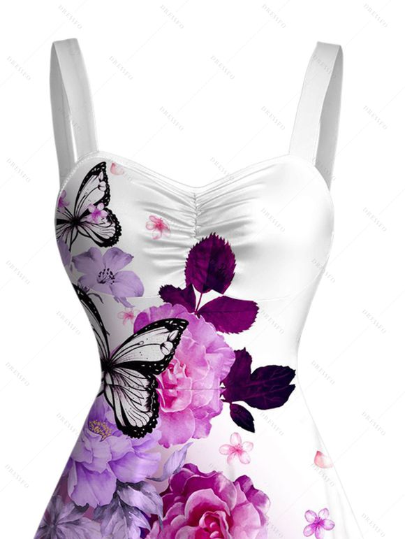 Vacation Couple Outfit Ombre Flower Butterfly Print Ruched Dress and Shirt Set - Pourpre S | US 4