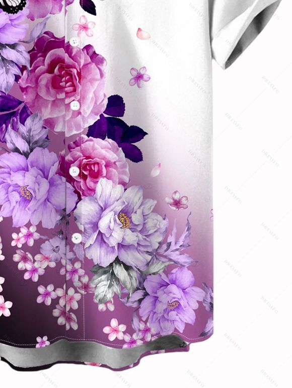 Vacation Couple Outfit Ombre Flower Butterfly Print Ruched Dress and Shirt Set - Pourpre S | US 4