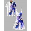 Vacation Couple Outfit Ombre Flower Print Spaghetti Strap Dress and Shirt Set - Bleu profond S | US 4