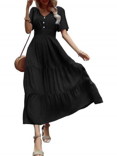 Robe de vacances unie à faux boutons et col en V, robe fatiguée