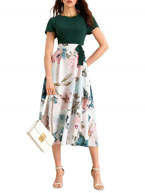 Robe de vacances midi à imprimé floral aquarelle colorblock et nœud papillon