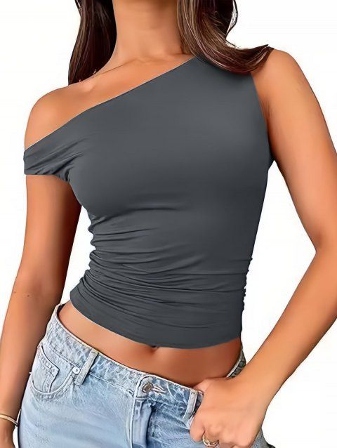 Débardeur à col asymétrique, couleur unie, froncé, style décontracté