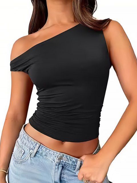 Débardeur à col asymétrique, couleur unie, froncé, style décontracté