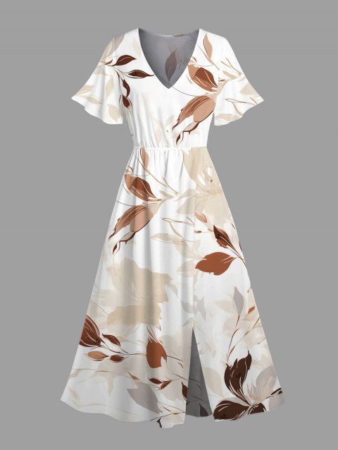 Robe de vacances à imprimé feuilles et fente, robe midi