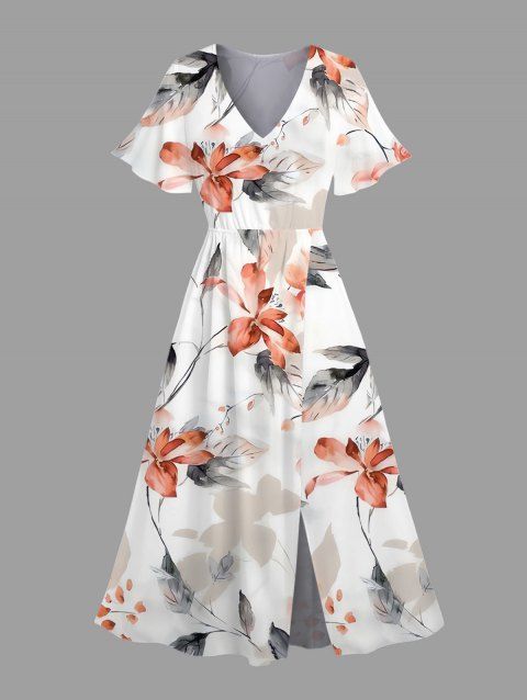 Robe de vacances mi-longue fendue à imprimé aquarelle de fleurs et de feuilles