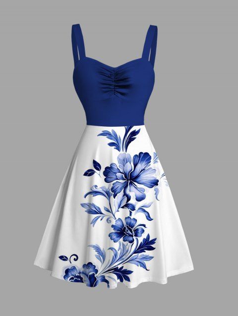 Robe de vacances à motif de feuilles et de fleurs colorblock et froncée