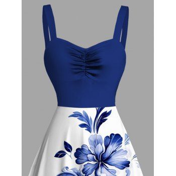 Vacation Dress Colorblock Leaf Flower Pattern Ruched Dress