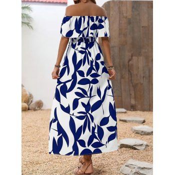 Vacation Couple Outfit Leaf Patten Off the Shoulder Slit Dress and Shirt Set