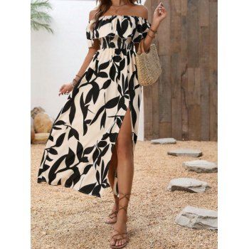Vacation Couple Outfit Leaf Patten Off the Shoulder Slit Dress and Shirt Set