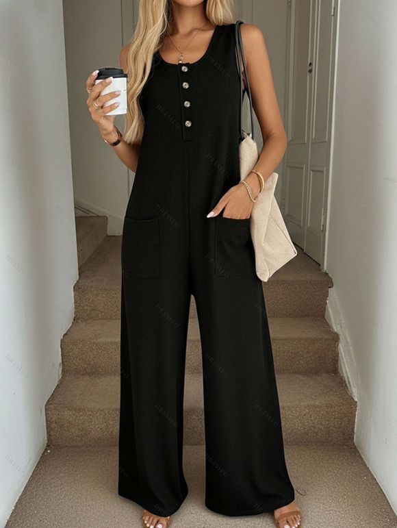 Combinaison unie avec poche avant et jambes larges boutonnées - Noir XL | US 10
